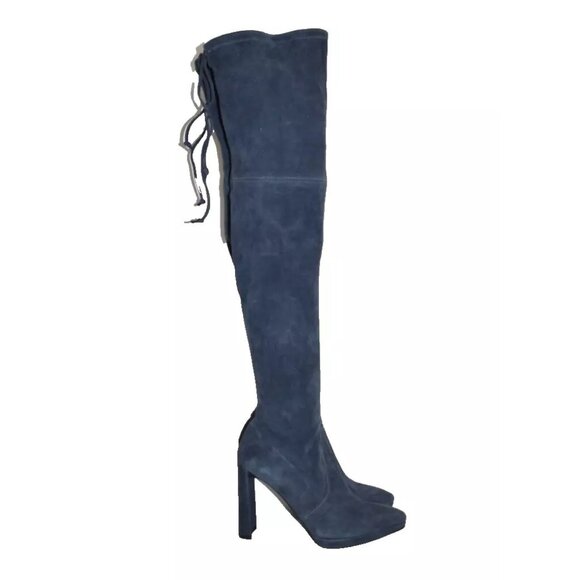 $1050 Stuart Weitzman SKYHIGH Block Suede Over the Knee Boots Blue 8.5 (PB39) - Picture 1 of 7